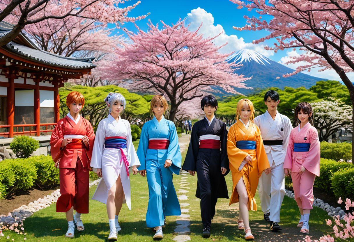A whimsical and colorful representation of a diverse group of anime and manga characters, each showcasing different unique styles and expressions, surrounded by vivid landscapes and art supplies. Include elements of traditional Japanese culture intertwined with modern anime aesthetics, such as cherry blossoms and digital art tools. The scene should radiate energy and inspiration, reflecting the playful and imaginative nature of hentai art. super-realistic. vibrant colors. 3D.